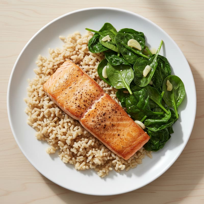 Seared Salmon with Garlic Sautéed Spinach and Brown Rice