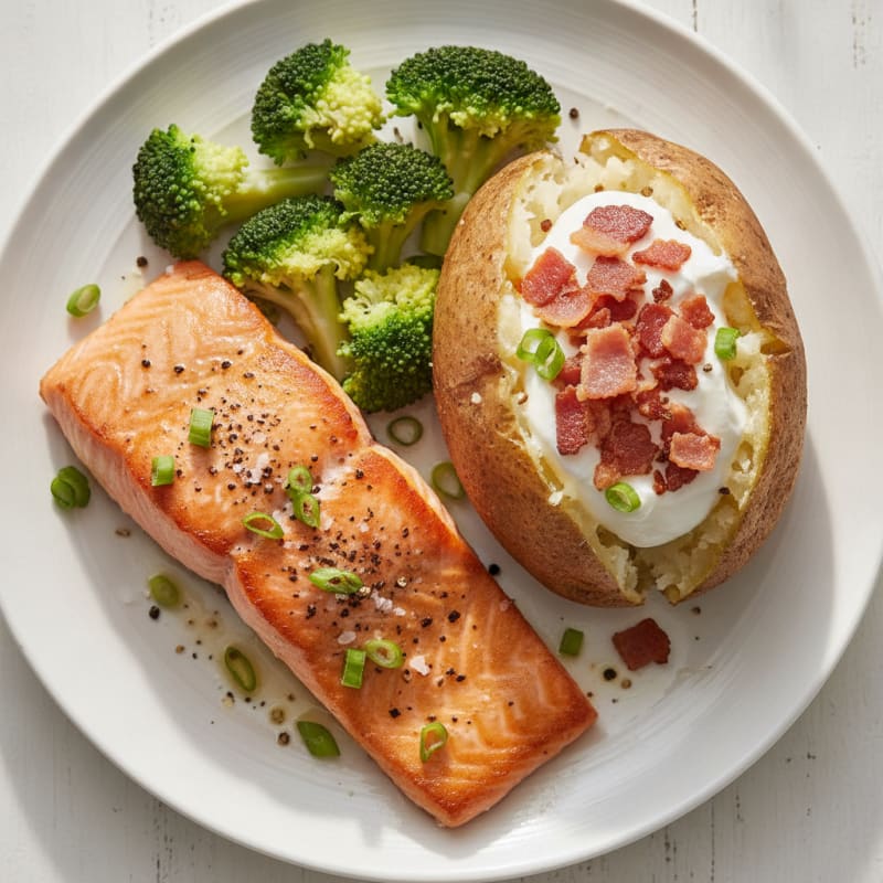 Pan-Seared Salmon with Loaded Baked Potato