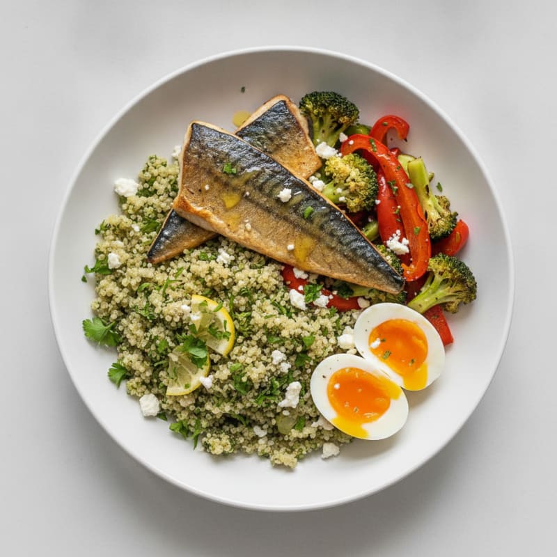 Pan Seared Mackerel with Roasted Vegetables and Herbed Quinoa