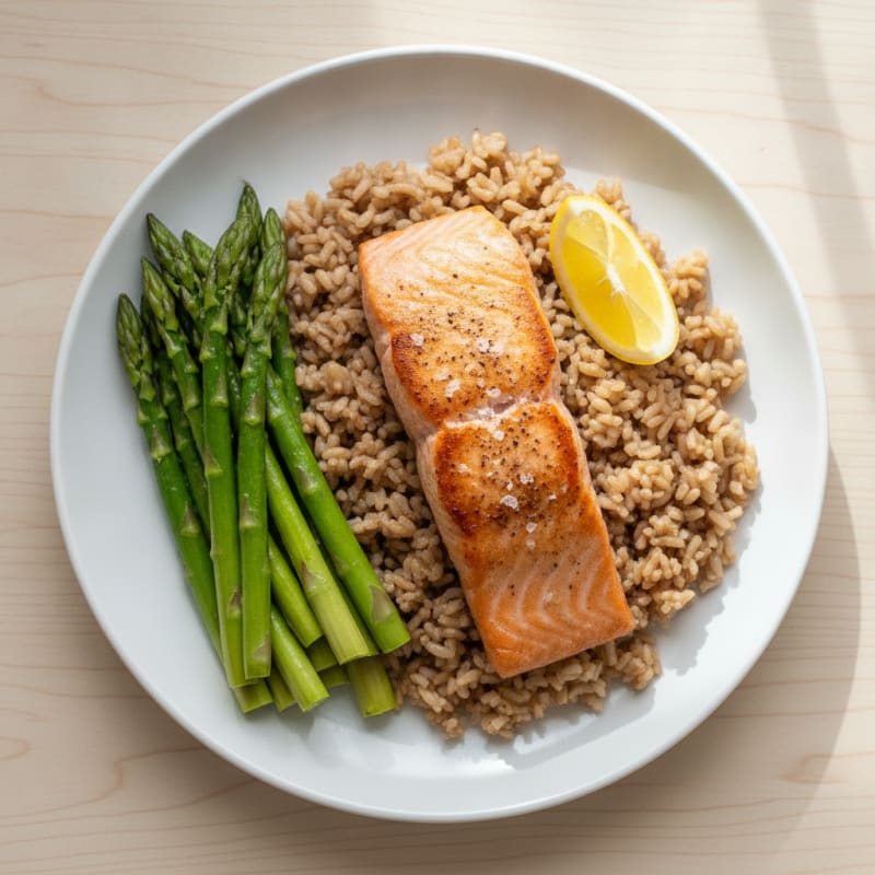 Seared Salmon Fillet with Steamed Asparagus and Brown Rice