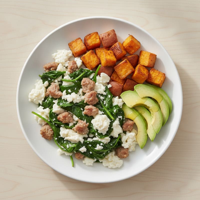 Egg White and Turkey Sausage Scramble with Sautéed Spinach