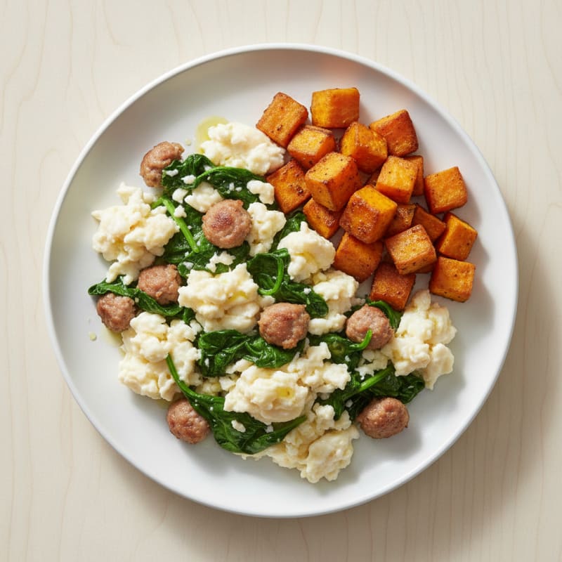 Egg White Scramble with Turkey Sausage and Sautéed Spinach