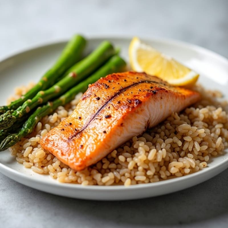 Seared Salmon with Steamed Asparagus and Brown Rice