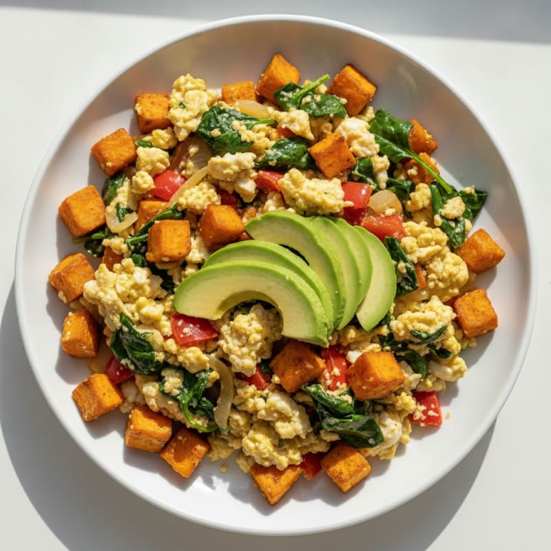 Egg White and Veggie Scramble with Sweet Potato Hash