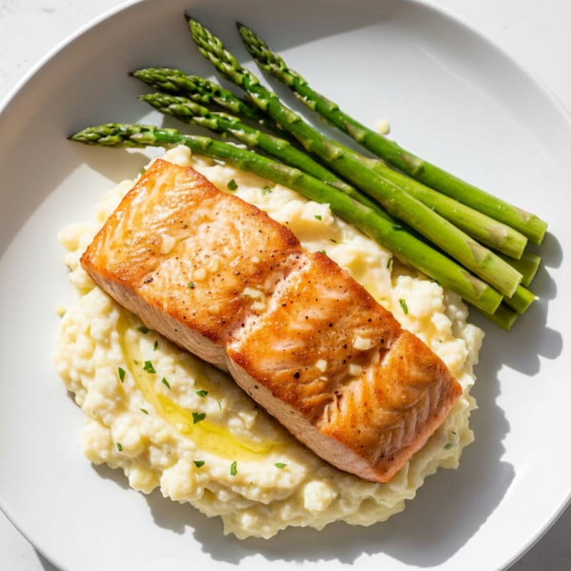 Seared Salmon with Steamed Asparagus and Garlic Mashed Cauliflower