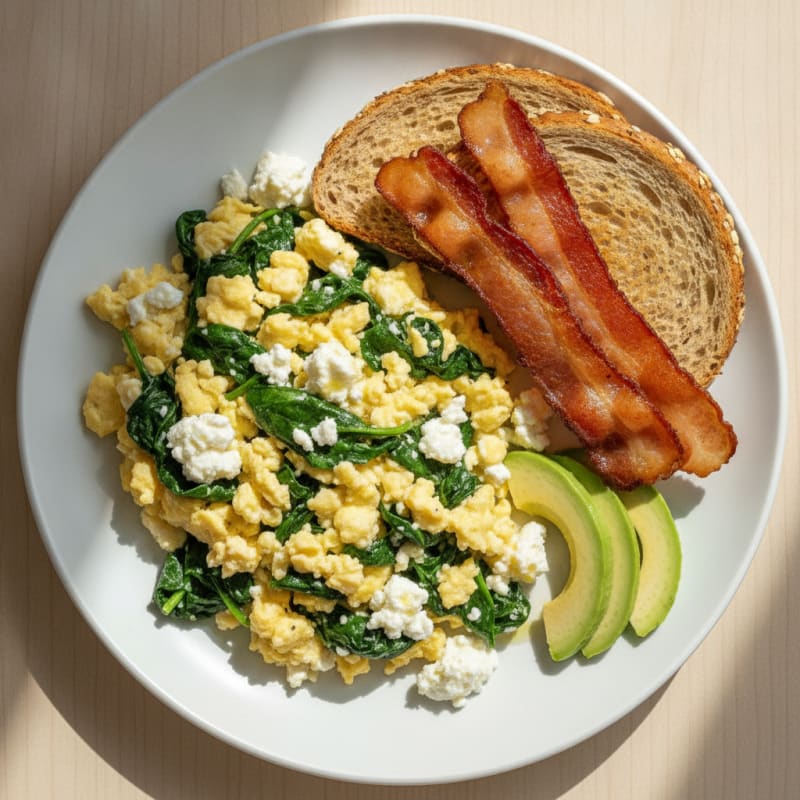 Cottage Cheese Scramble with Spinach and Turkey Bacon