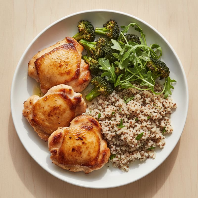 Seared Chicken Thighs with Roasted Broccoli and Quinoa