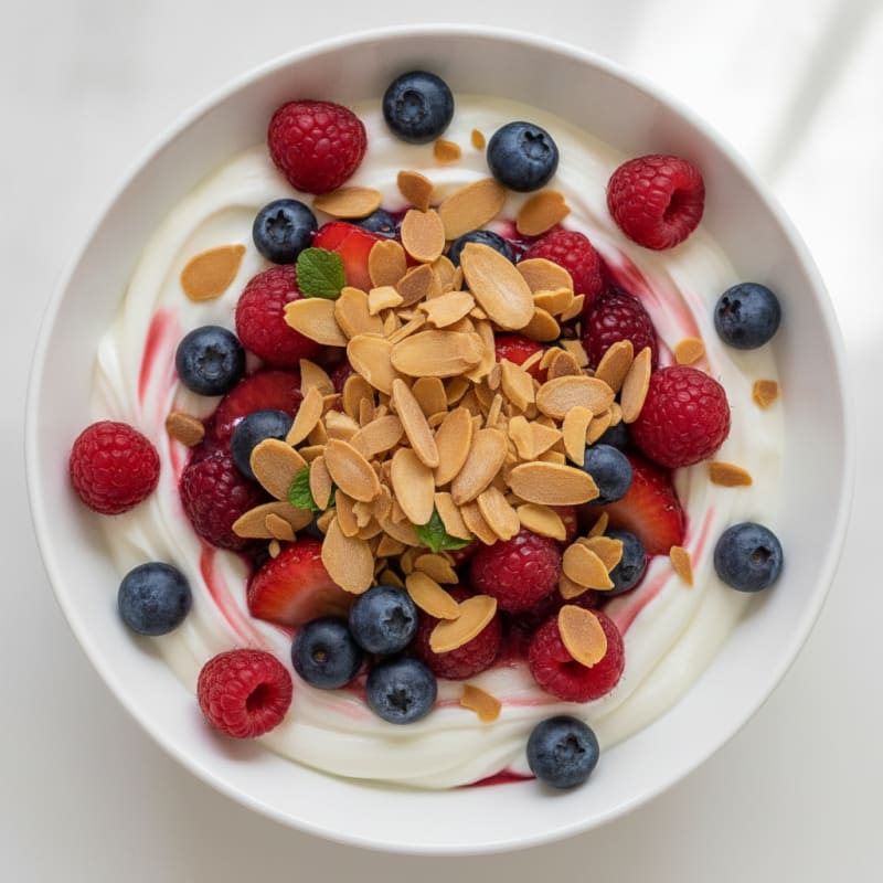 Greek Yogurt Protein Parfait with Mixed Berries and Almonds