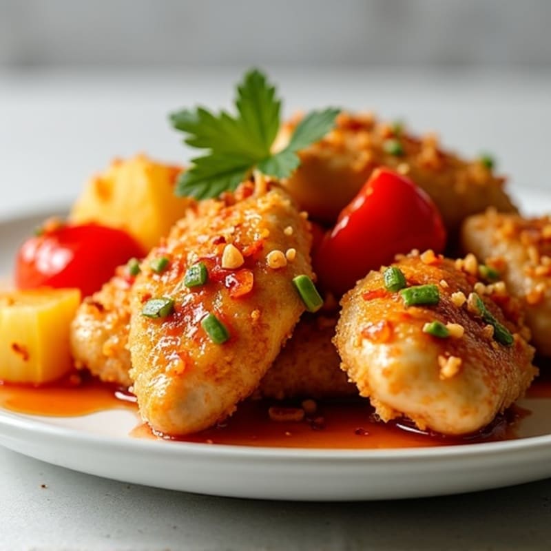 Crispy Baked Sweet and Sour Chicken with Roasted Bell Peppers and Pineapple
