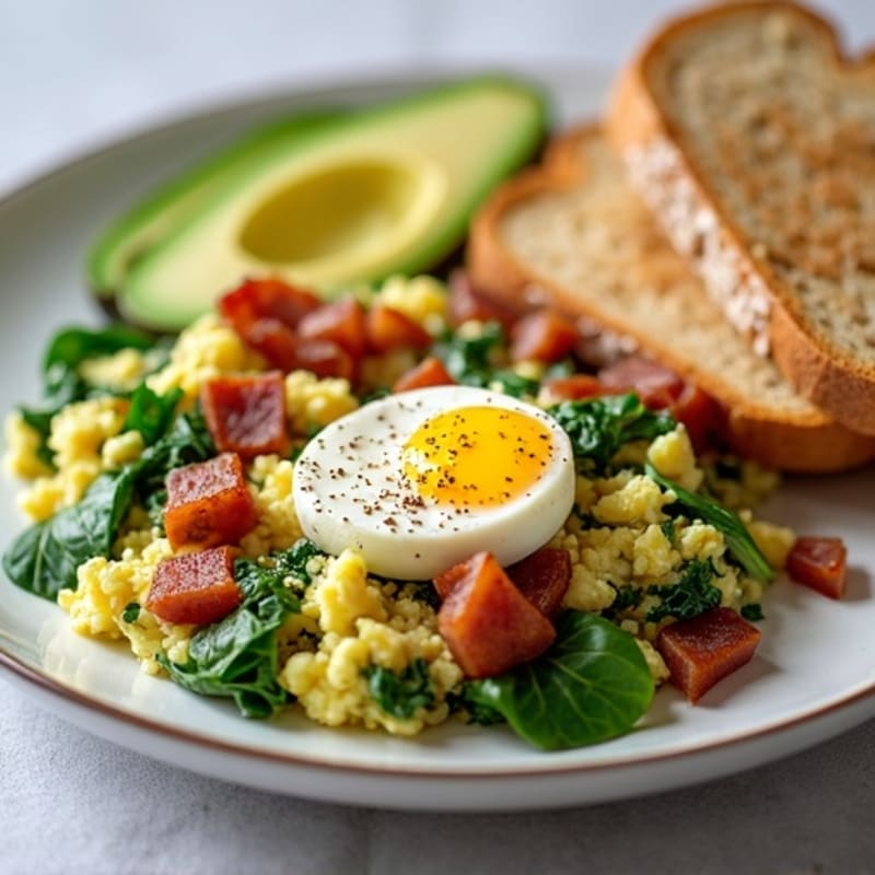 Egg White Spinach Scramble with Cottage Cheese and Turkey Bacon