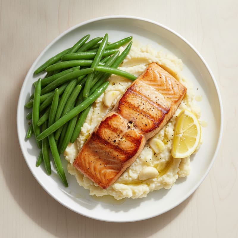 Seared Salmon with Steamed Green Beans and Garlic Cauliflower Mash