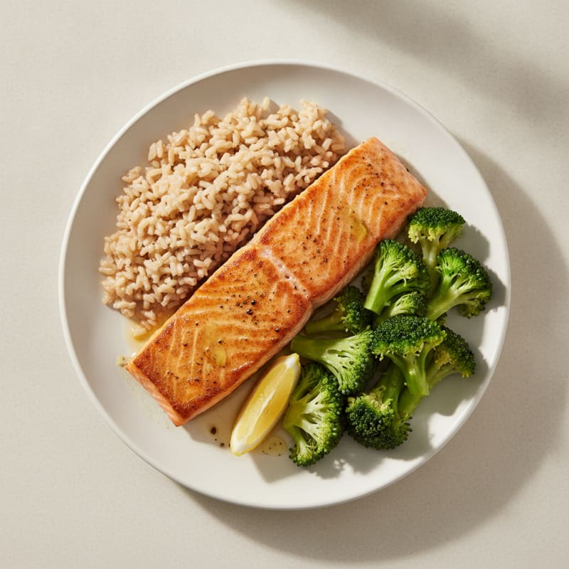 Seared Salmon with Steamed Broccoli and Brown Rice