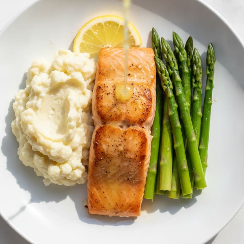 Seared Salmon Filet with Steamed Asparagus and Garlic Mashed Cauliflower