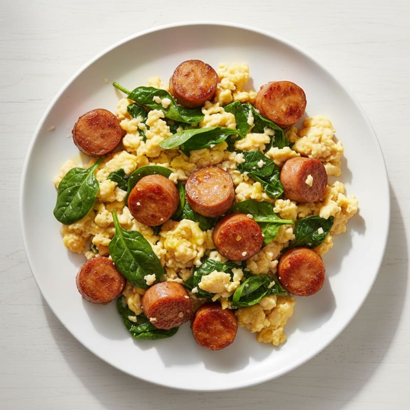 Crispy Chicken Sausage Egg Scramble with Spinach