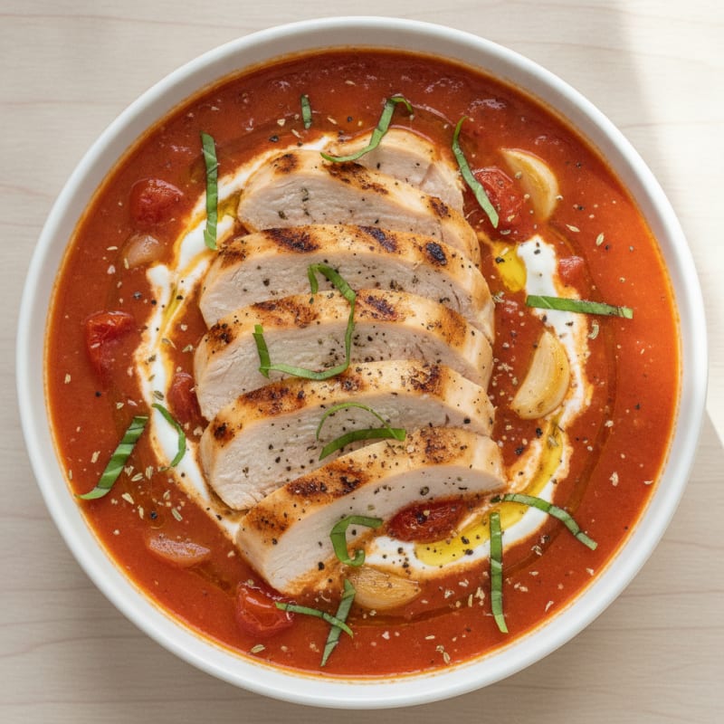 Roasted Tomato Basil Soup with Herb Chicken
