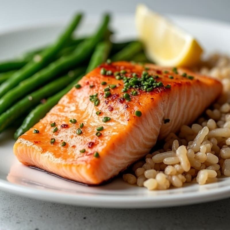 Seared Salmon Fillet with Steamed Green Beans and Brown Rice