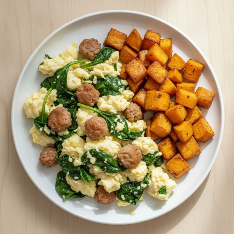 Egg White Spinach Scramble with Turkey Sausage and Roasted Sweet Potatoes