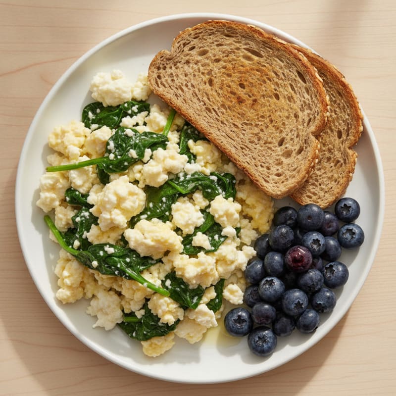 Fluffy Scrambled Eggs with Cottage Cheese and Sautéed Spinach