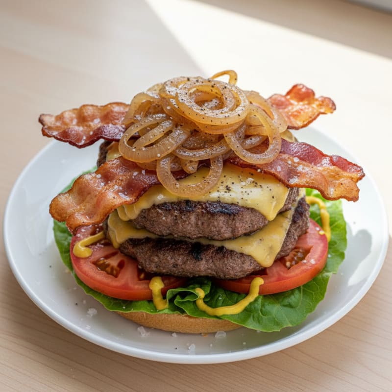 Double Bacon Cheeseburger with Caramelized Onions