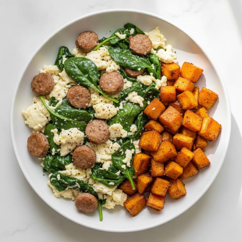 Egg White and Turkey Sausage Scramble with Sautéed Spinach