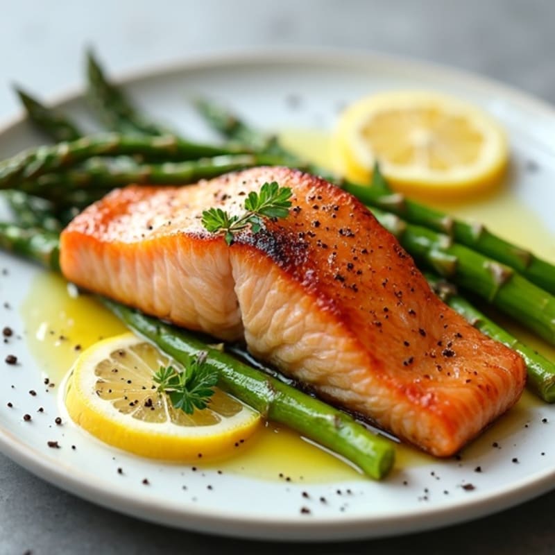 Seared Salmon with Steamed Asparagus and Lemon
