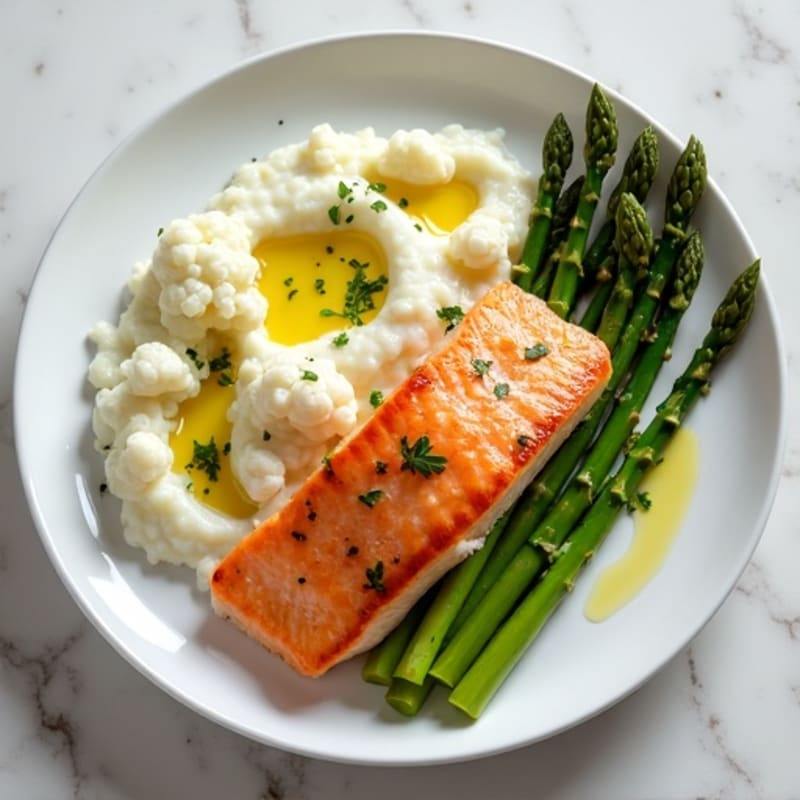Seared Salmon with Steamed Asparagus and Garlic Mashed Cauliflower