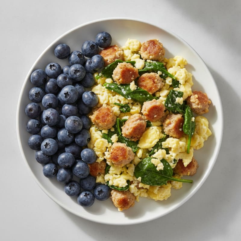 Scrambled Eggs with Chicken Sausage and Sautéed Spinach