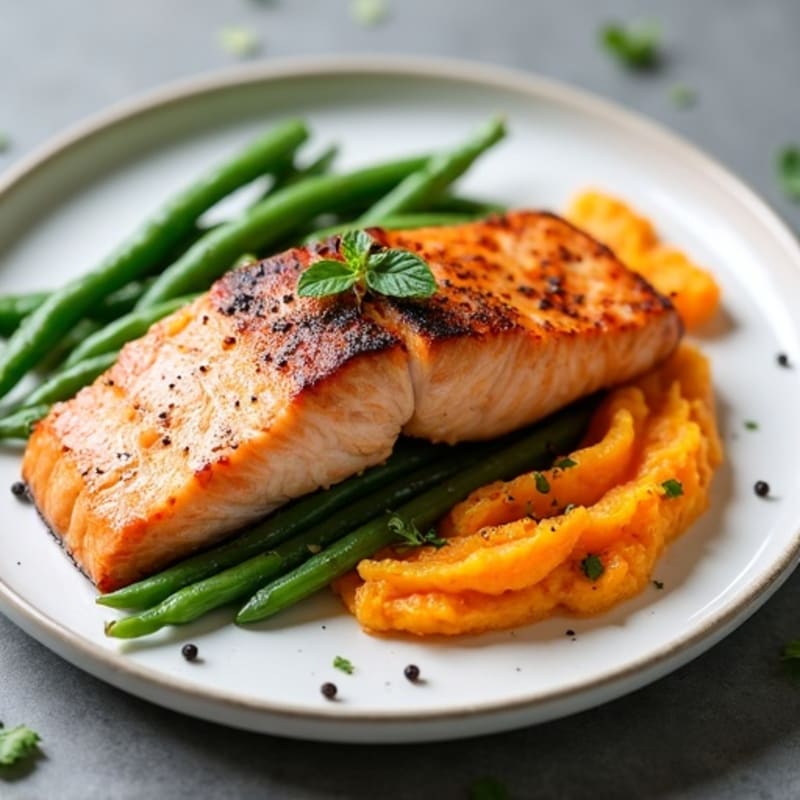 Seared Salmon Fillet with Steamed Green Beans and Sweet Potato Mash