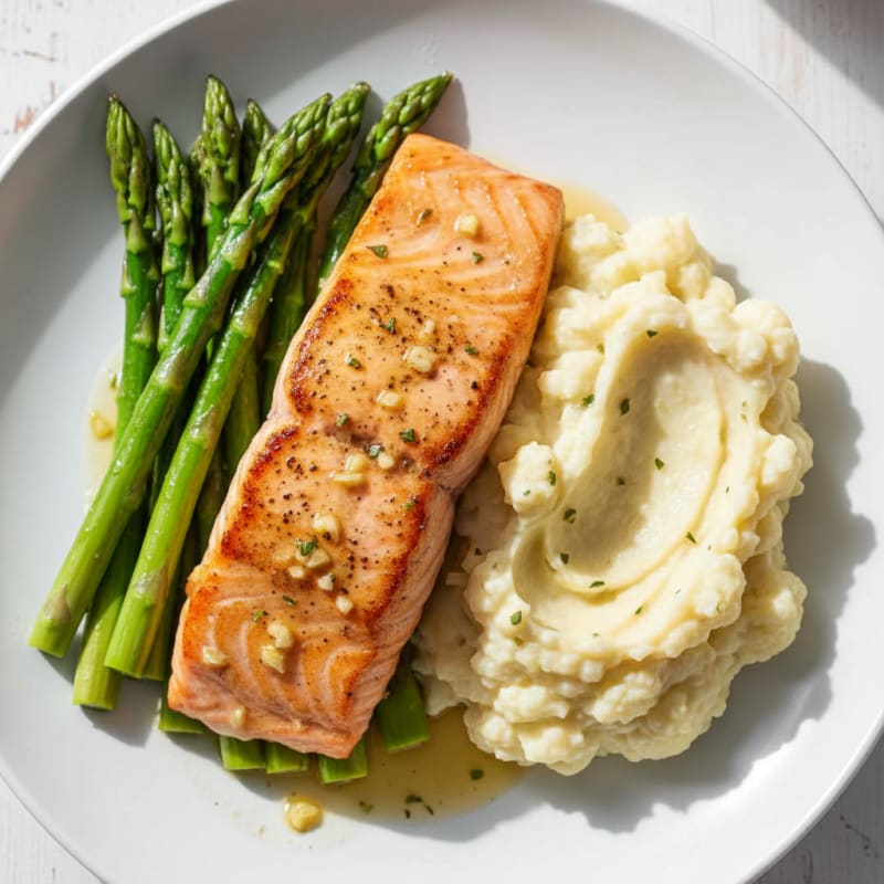 Seared Salmon with Steamed Asparagus and Garlic Mashed Cauliflower