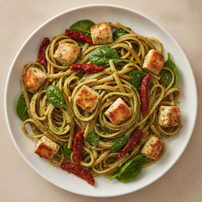 Pesto Chicken Linguine with Sun-Dried Tomatoes