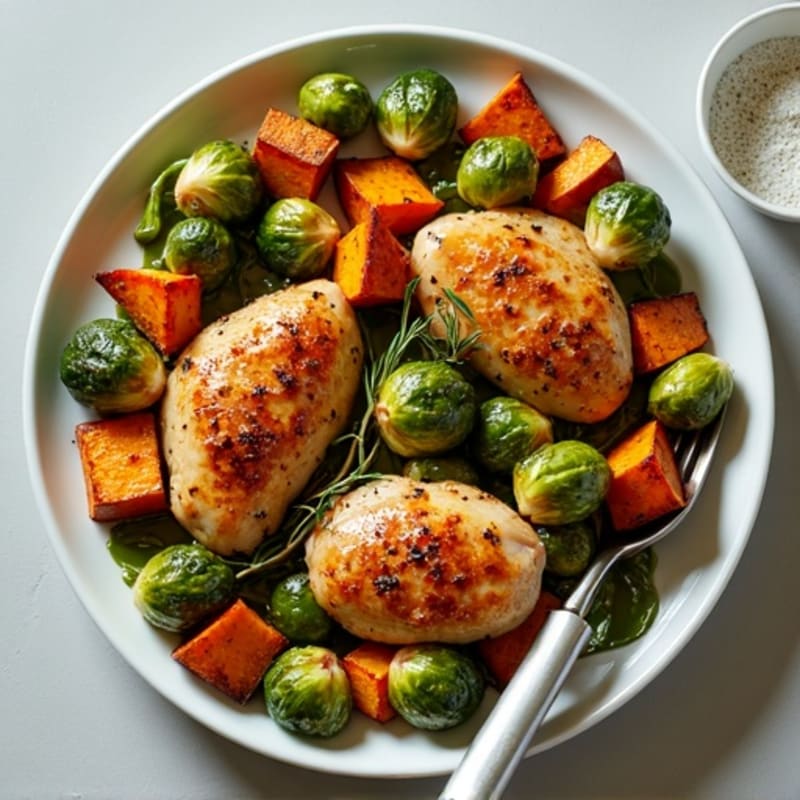Sheet Pan Lemon Herb Chicken with Balsamic Glazed Brussels Sprouts and Roasted Sweet Potatoes