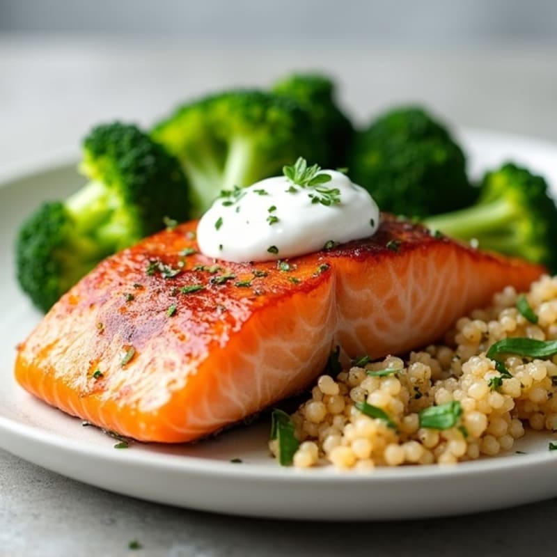 Seared Salmon with Steamed Broccoli and Quinoa