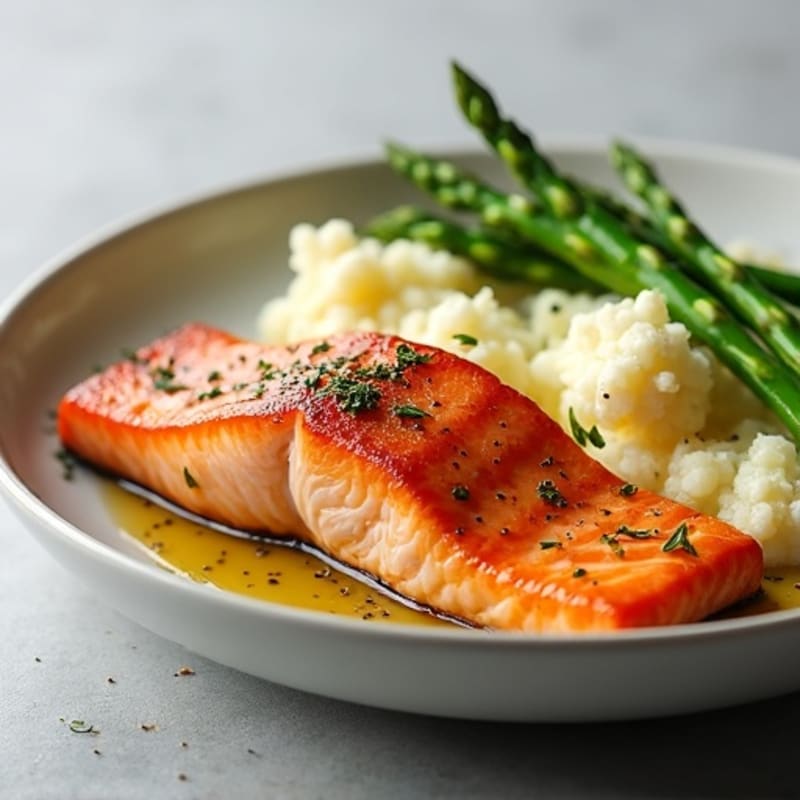 Seared Salmon with Steamed Asparagus and Garlic Mashed Cauliflower