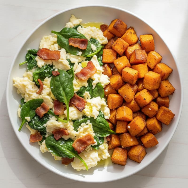 Crispy Turkey Bacon and Egg White Scramble with Roasted Sweet Potatoes
