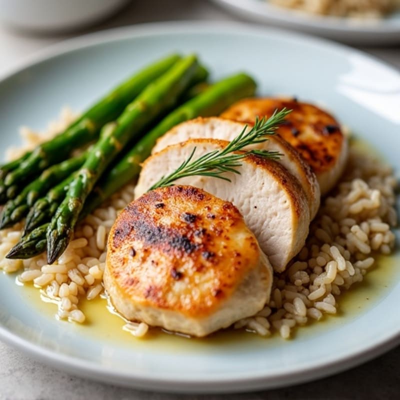 Seared Turkey Medallions with Garlic Rice and Roasted Asparagus