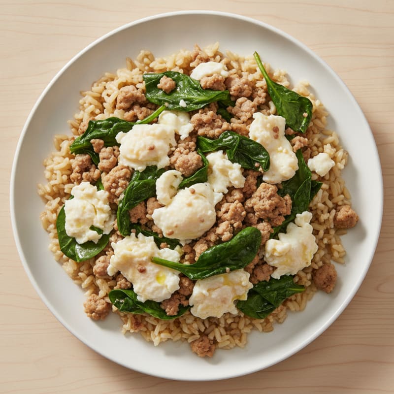 Scrambled Egg Whites with Ground Turkey and Sautéed Spinach