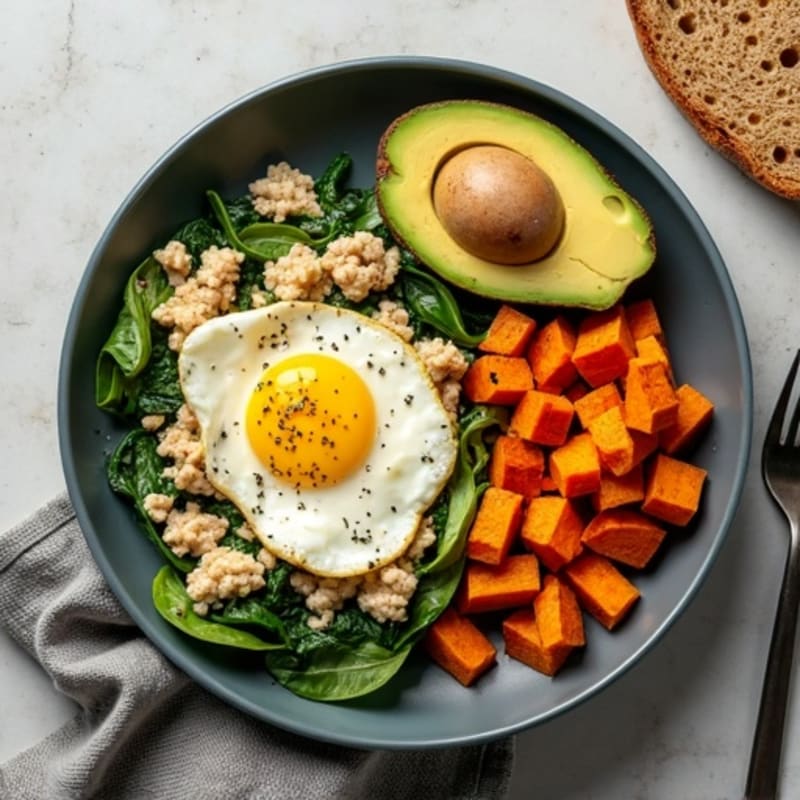 Egg White and Turkey Spinach Scramble with Roasted Sweet Potatoes