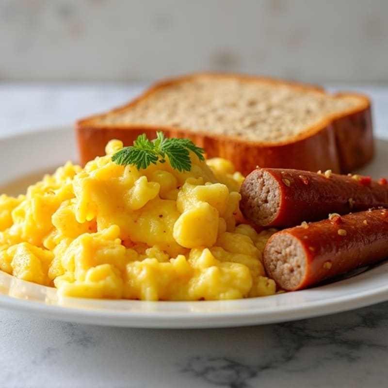 Scrambled Eggs with Chicken Sausage and Whole Grain Toast
