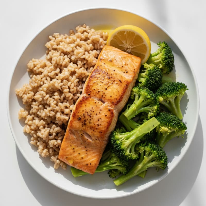 Seared Salmon with Steamed Broccoli and Brown Rice