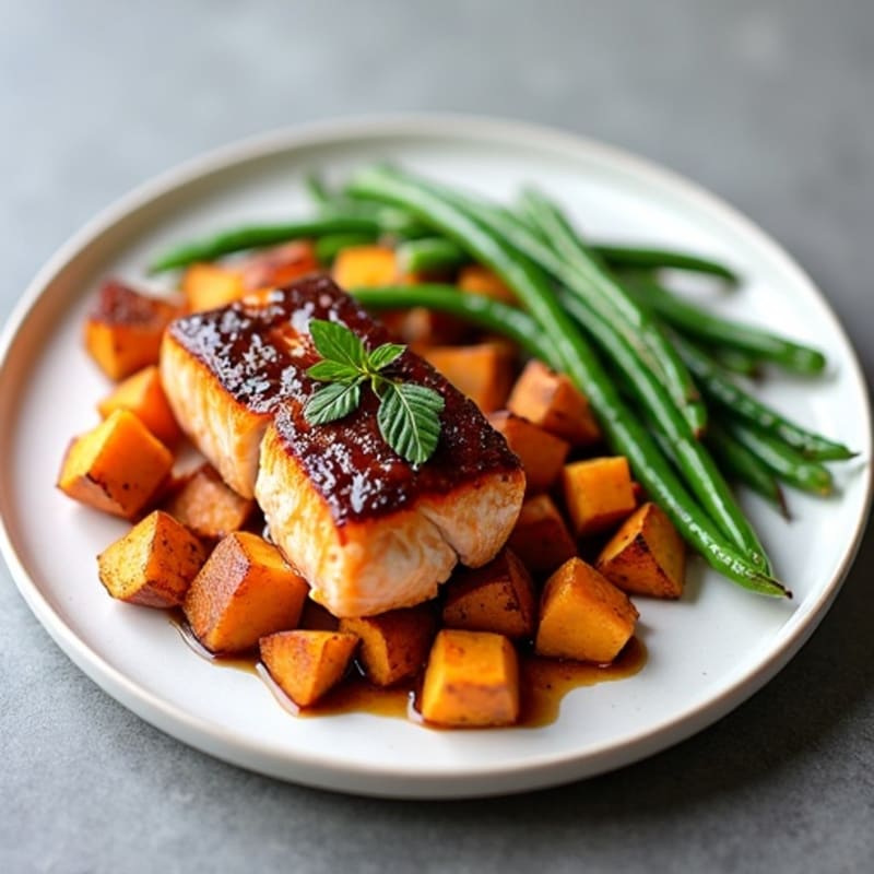 Sticky Date-Glazed Salmon with Roasted Sweet Potatoes and Green Beans