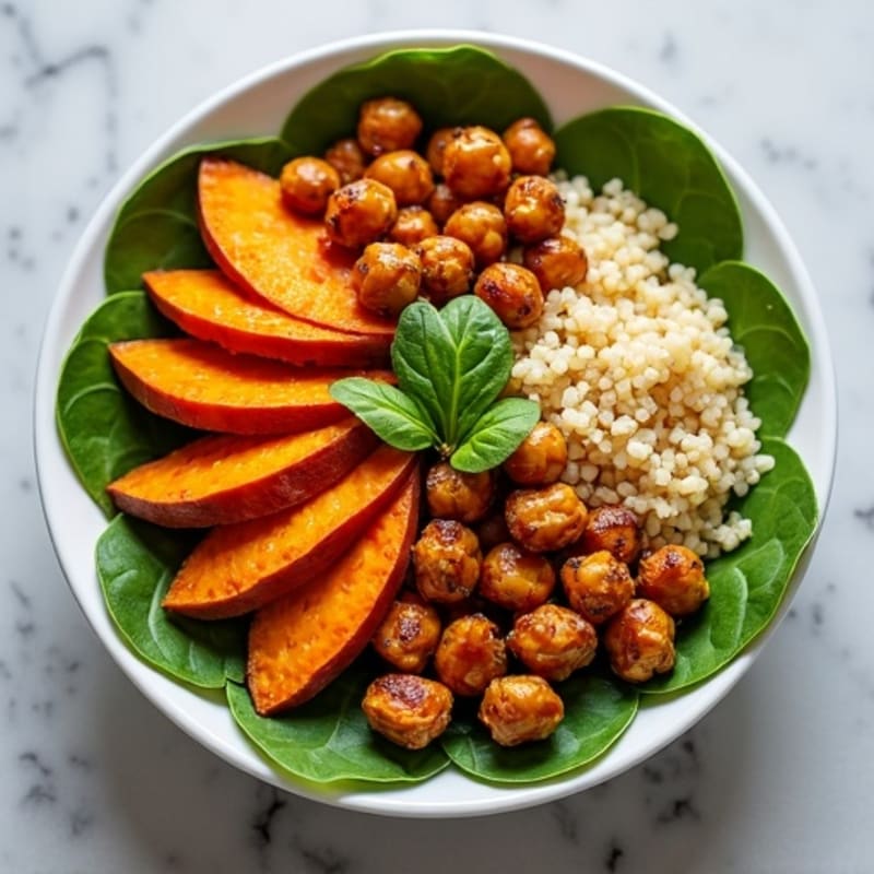 Roasted Sweet Potato Quinoa Bowl with Crispy Chickpeas and Tempeh