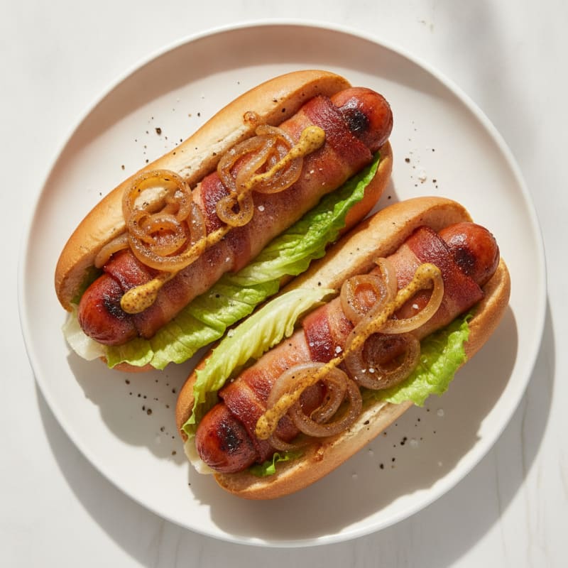 Bacon-Wrapped Hot Dogs with Caramelized Onions