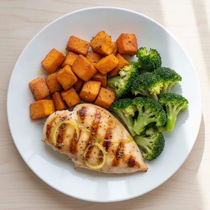 Grilled Chicken Breast with Roasted Sweet Potato and Steamed Broccoli