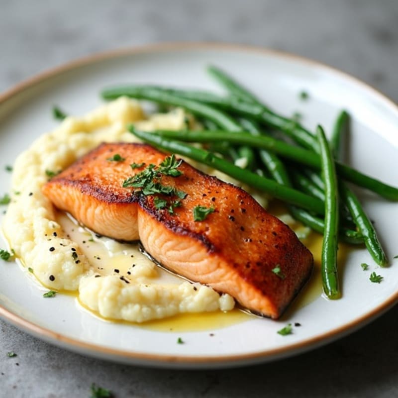 Seared Salmon Fillet with Garlic Green Beans and Cauliflower Mash