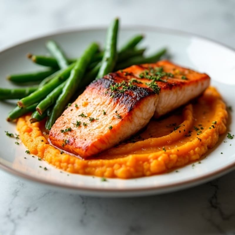Seared Salmon with Steamed Green Beans and Sweet Potato Mash