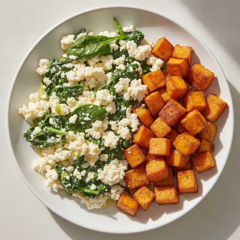 Cottage Cheese Egg White Scramble with Spinach and Roasted Sweet Potato