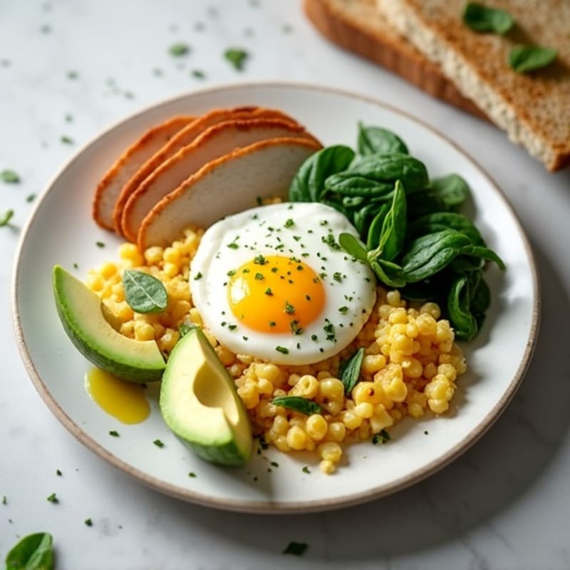 Egg White and Spinach Scramble with Cottage Cheese and Sliced Turkey