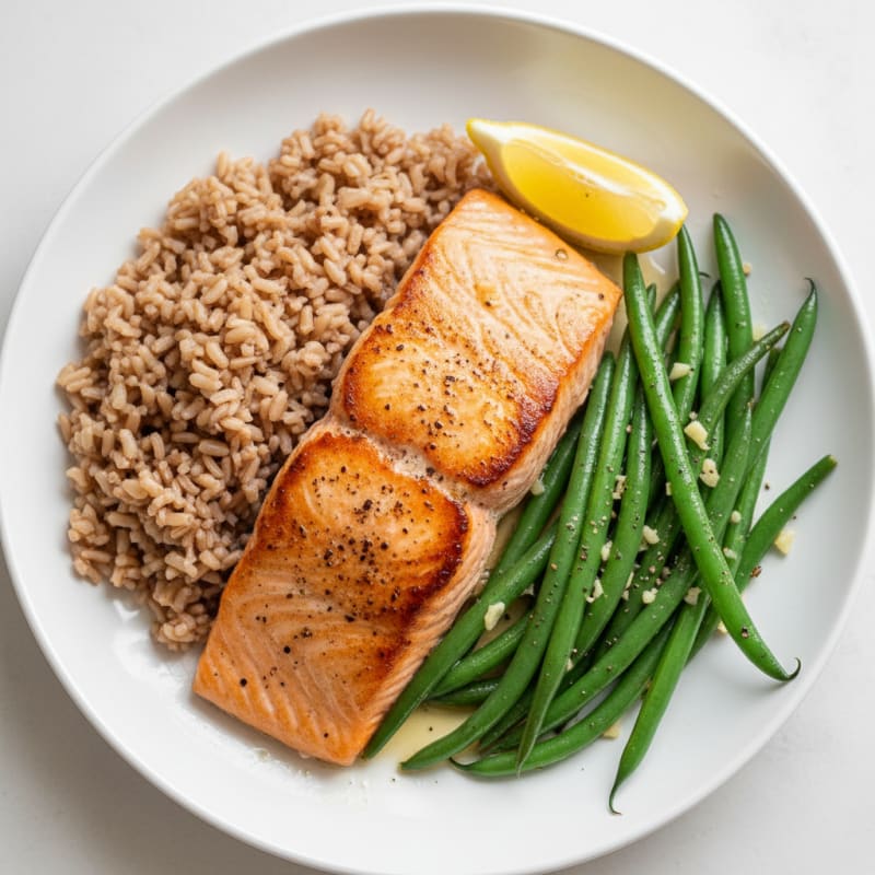 Seared Salmon Fillet with Garlic Green Beans and Brown Rice