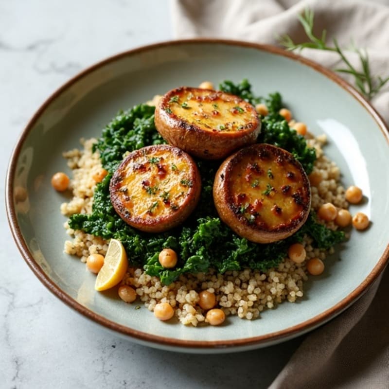Savory Garlic Herb Roasted Portobello Mushrooms with Quinoa and Sautéed Kale