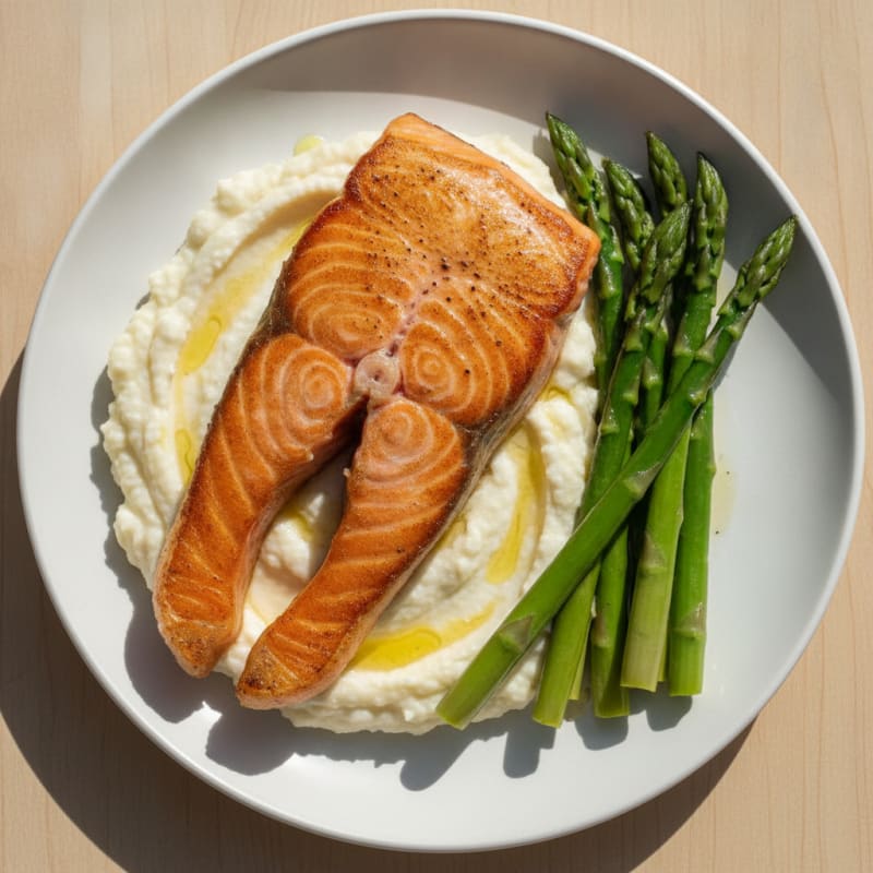 Seared Salmon with Steamed Asparagus and Cauliflower Mash